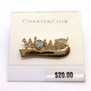 CHARTER CLUB "WOWS" Round Clear Crystal Goldtone Pin With Tie Tack Backings NEW